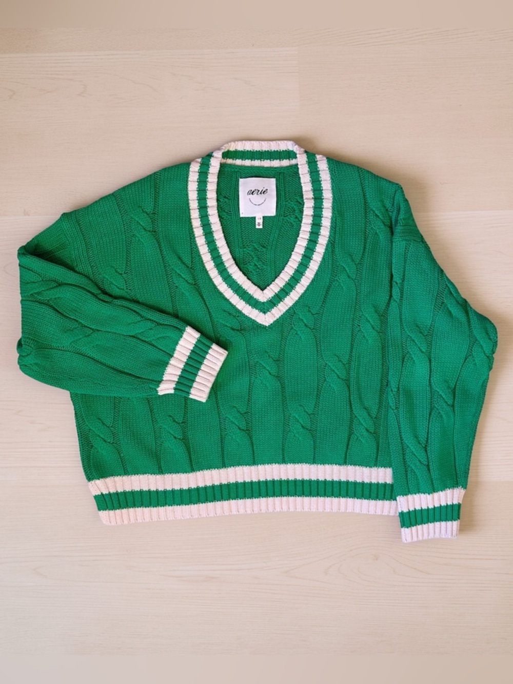 aerie Green Cable-Knit V-Neck Sweater with White Stripe Trim